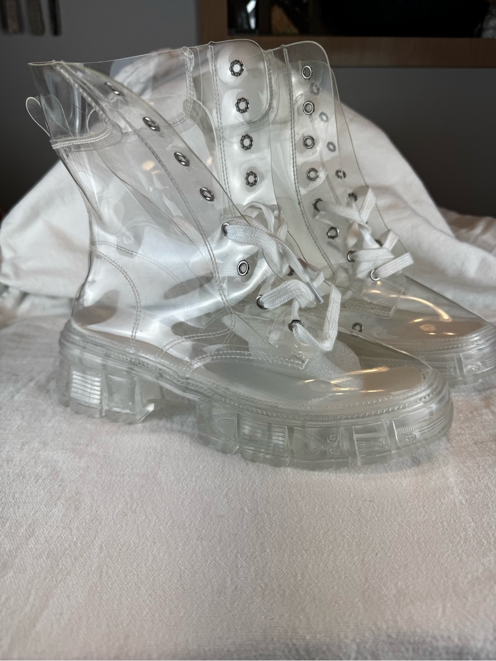 Clear PVC Combat Boots Chunky Lug Sole Lace Up Platform Rave Goth Festival 9